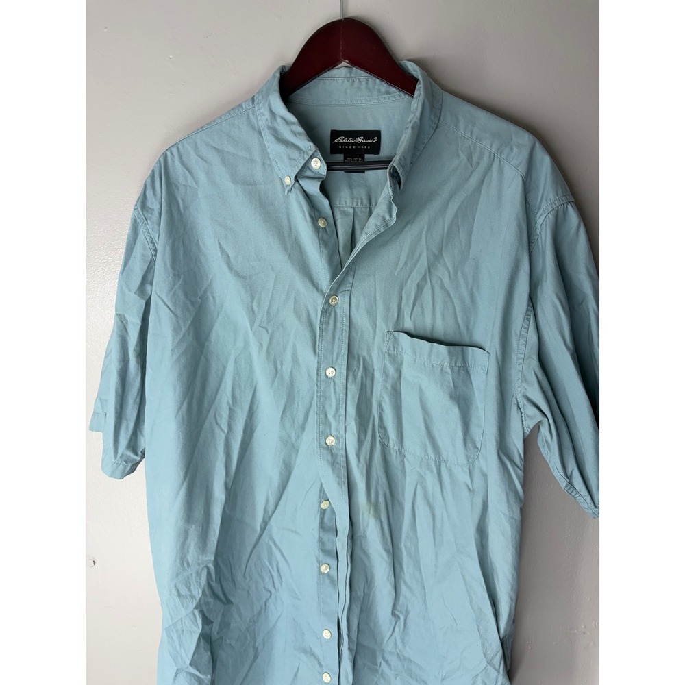 Eddie Bauer Mens Large Tall Light Blue Short Sleeve Button Down Cotton Shirt